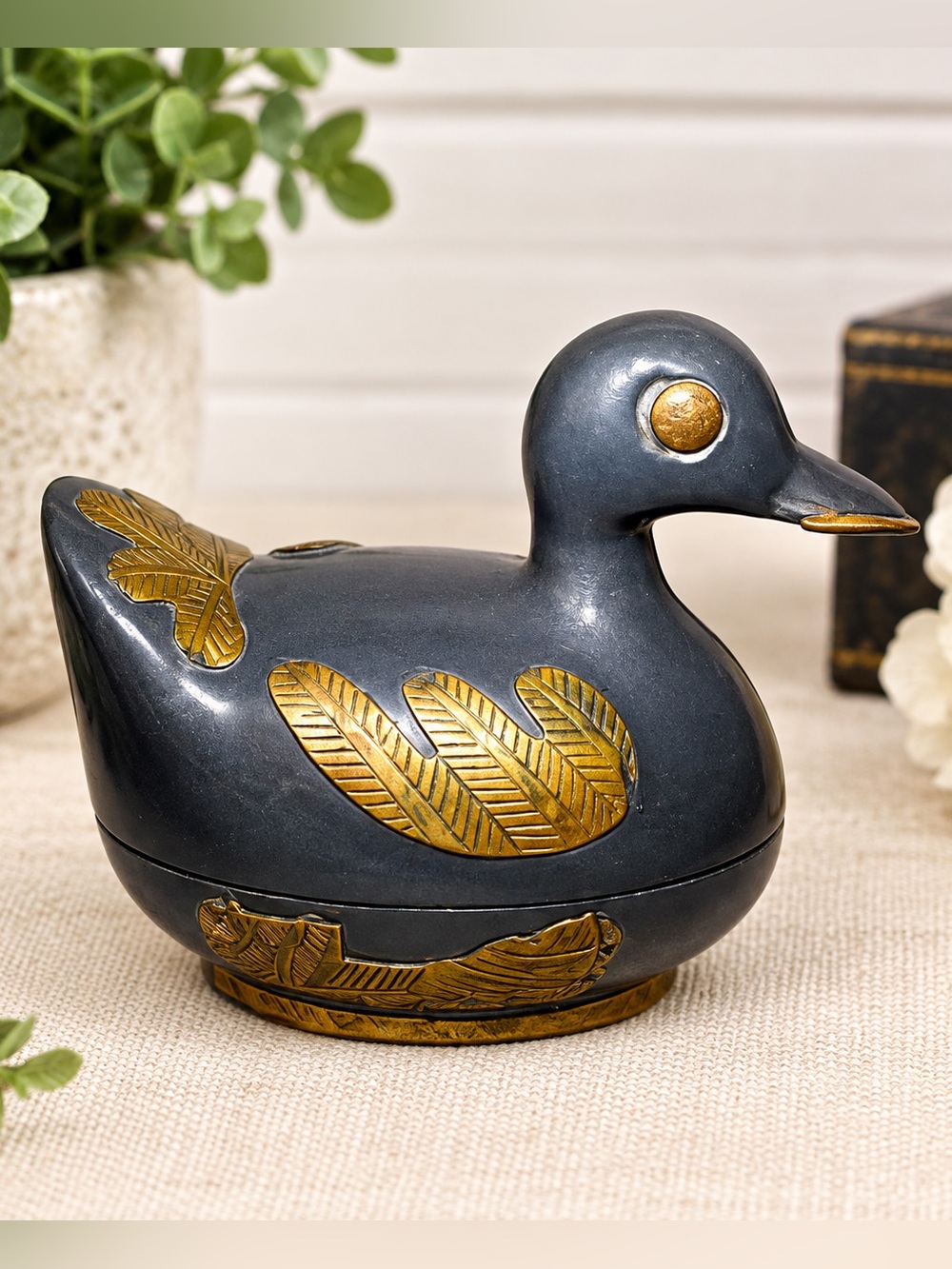 Vintage Mixed Metal Duck Trinket Box Japanese Zogan Inlay